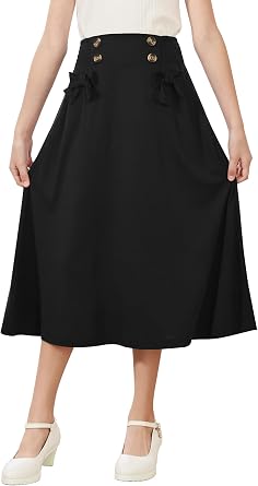 GORLYA Girls Elegant Elastic Waist Button Front Bow Knot A-Line Long Skirts with Pockets 6-16Y