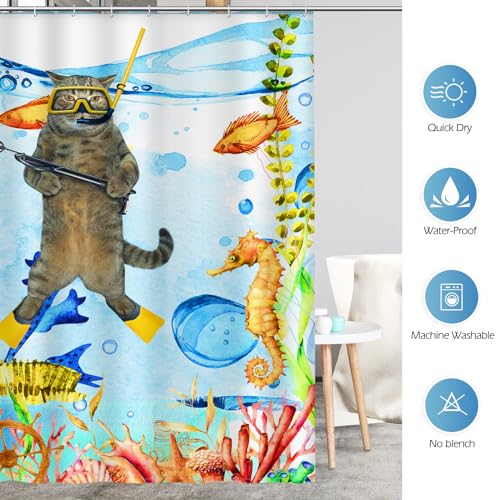 Image of Aimego Extra Long Shower Curtain - Funny Cat Sea Ocean Animal Tropical Fish Coral Seahorse Fabric Cloth Shower Curtain Set with 12 Hooks for Bathroom Decor Accessories Bathtub Curtain, 72 inchx84 inch