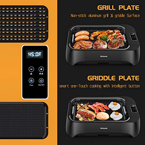 Smokeless indoor Grill 1500W Electric Grill Griddle, Wolante Interchangeable Non-stick BBQ Grill Griddle with Turbo Smoke Extractor Technology, 4D Trap Heat Technology ,Drip Tray& Removable Plate,Dishwasher-Safe - Thumbnail 3