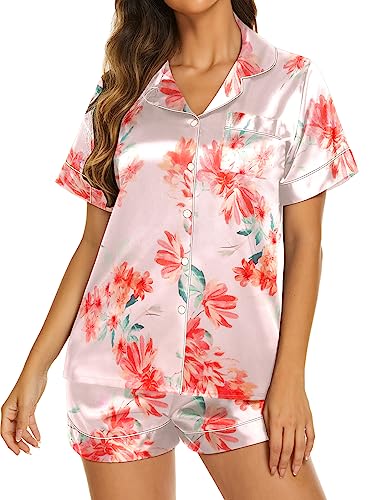 Image of Ekouaer Silk Pajamas for Women Short Sleeve Sleepwear Soft Button Down Loungewear 2 Piece Satin Pjs Shorts Set,Floral Light Pink,M