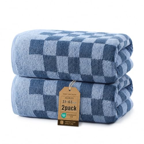 REDKISS Blue Checkered Bath Towels Large, 31”x63”, 100% Cotton, 2 Pack