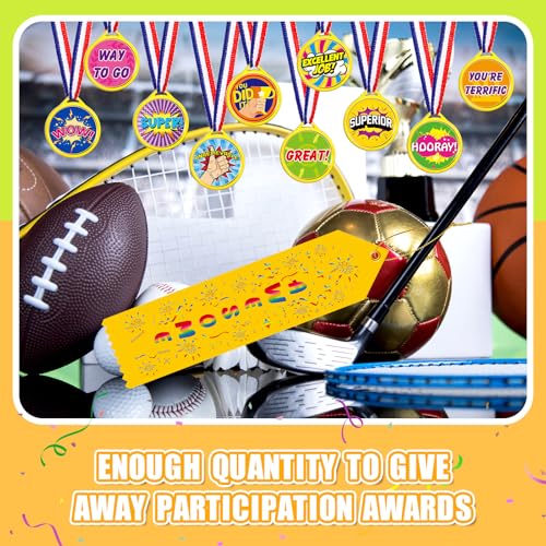 Geyee 100 Pieces Field Day Award Ribbons and Medals Bulk Winner Plastic Award Medals Motivational Medal with Neck Ribbon Assortment for Competition Sports Contest Graduation Favors (Award)