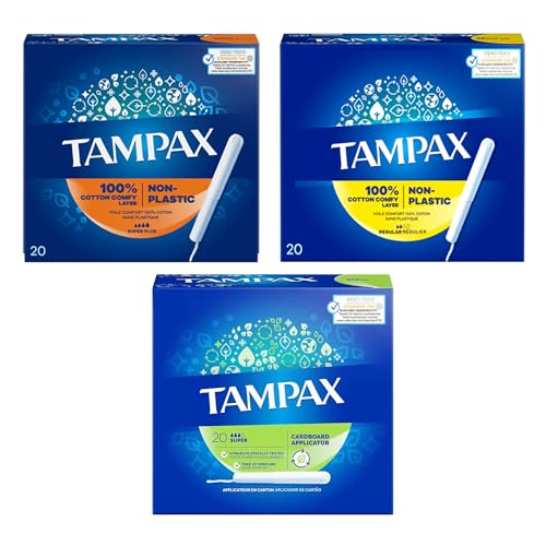 Tampax Tampons Multipack – 100% Cotton Comfy Layer, Non-Plastic, Cardboard Applicator – Regular, Super, Super Plus – 3 Packs x 20 (60 Tampons Total), Hypoallergenic & Perfume-Free