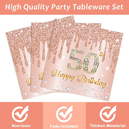 Image of 96 Pieces 50th Birthday Tableware Set for Pink Rose Gold 50th Birthday Table Decorations Supplies Pink Rose Gold Happy 50 Years Old Dessert Paper Plates Napkins Forks for 24 Guests Women Supplies