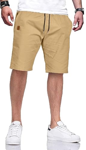 HCSS Mens Casual Shorts Summer Cotton Chino Sports Shorts with Elastic Drawstring Waistband(Khaki-L)