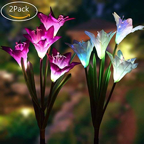 Solar Garden Stake Lights - 2 Pack Outdoor Solar Powered Lights with 8 Lily Flower, Multi-Color Changing LED Solar Decorative Lights for Garden, Patio, Backyard Decor (Purple & White)