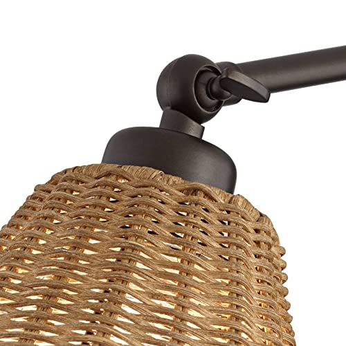 Barnes and Ivy Mid Century Modern Cottage Swing Arm Wall Lamps Set of 2 Bronze Metal Plug-in Light Fixture Natural Rattan Shade Bedroom Bedside House Reading Living Room Home Hallway Dining - Image 4