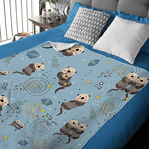 Blue Cute Sea Otters Animal Printed Throw Blankets Super Soft Fluffy Comfortable Flannel Fleece Cozy Plush Blanket For Couch Bed Travel 50“X40 Small For Kids #TOP1