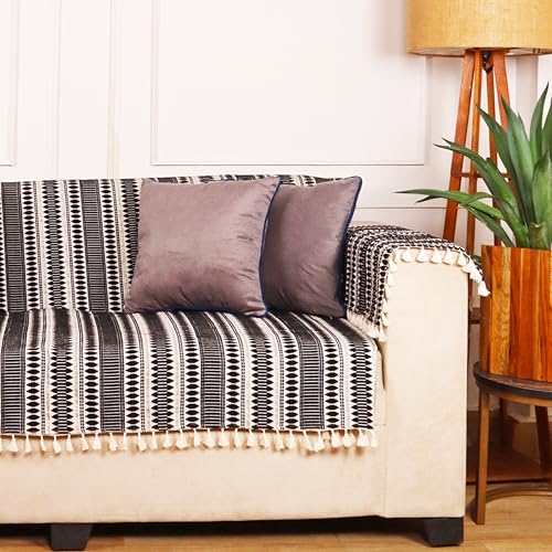 Image of STITCHNEST Woven 2 Seater Sofa Protector with 2 Hand Rest Covers - Black & White Stripe Design - Washable Fabric with Tassels - Stylish Sofa Cover for Modern Living Room & Furniture Decor