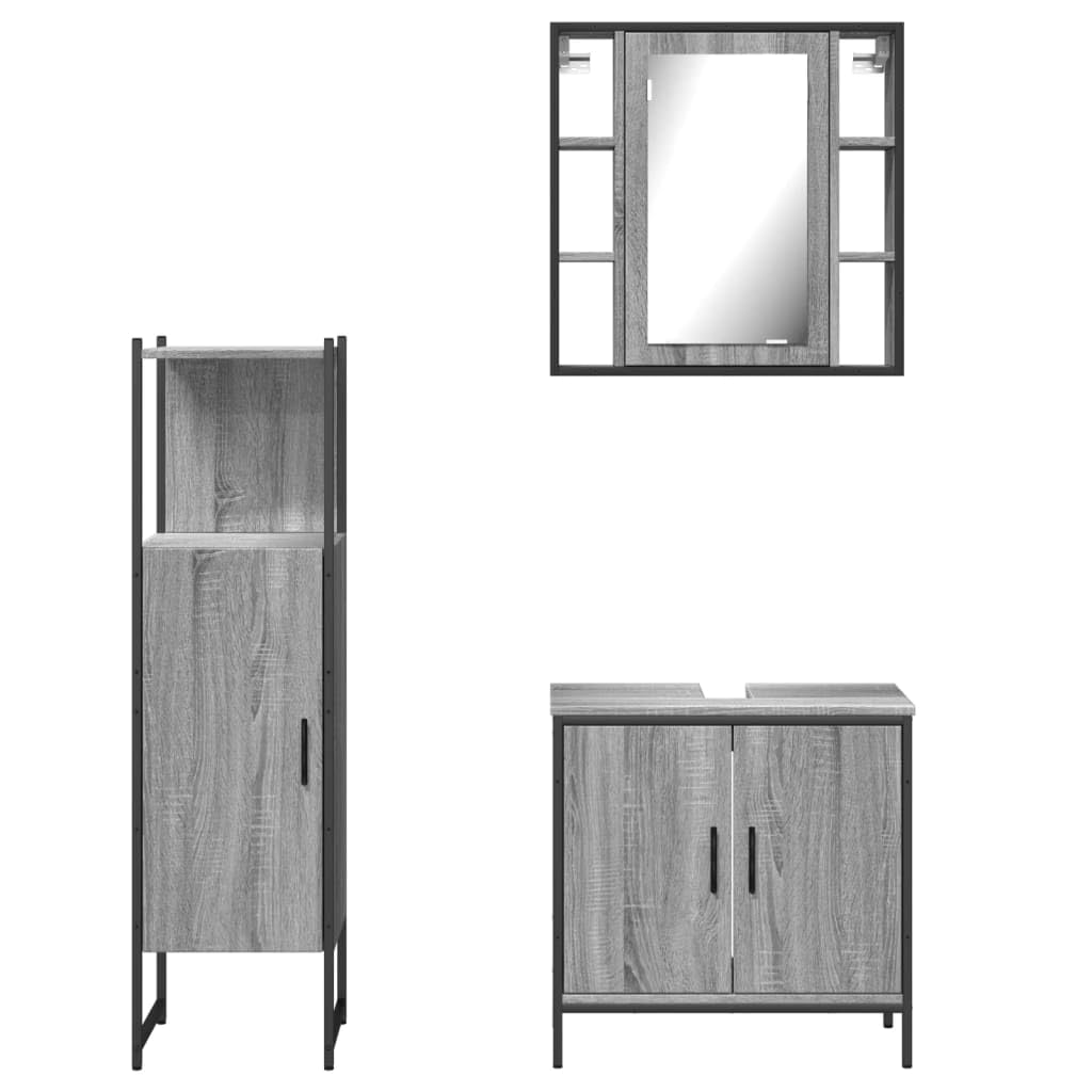 SYDE Set Mueble Baño 3 Piezas Gris Sonoma | Armario con Espejo, Estante Inferior, Acero Resistente, Patas Ajustables