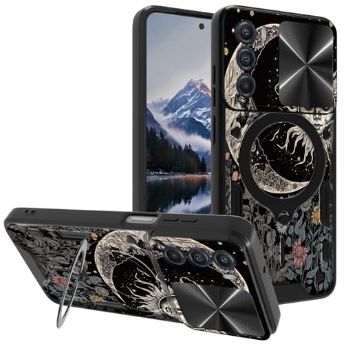 Mxfdegf for Moto G Stylus 5G 2022 Case, with Slide Camera Cover&Shockproof Bracket, Dual Layer Durable Heavy Duty Protective Cell Phone Case for Moto G Stylus 5G 2022,Soon Moon Stars Flower