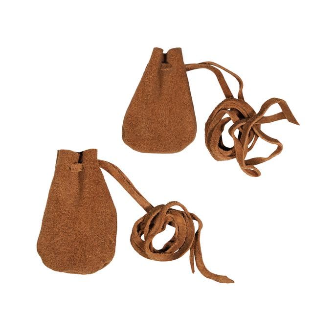 Mythrojan Drawstring Suede Leather Pouches, Native American Style Handmade Mini Pouches for Storing Dice, Coin, Medicine, Jewelry - Large 3" x 4", Small 2.5" x 3.5", Brown - Pack of 2