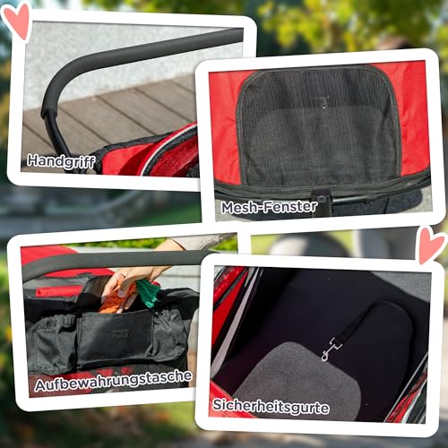 PawHut Hundewagen Hundebuggy mit Netzfenstern, Klappbarer Katzenwagen mit Sicherheitsleine, große Gummiräder für Mittelgroße, Große Hunde bis 30 kg, Oxford, Rot