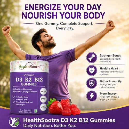 Image of Vitamin D3 K2 B12 Gummies | 60 Gummies | Strawberry Flavour | Sugar Free Vitamin | Daily Wellness with Vitamin D, Vitamin K2 & Vitamin B12 supplements for Bone Health