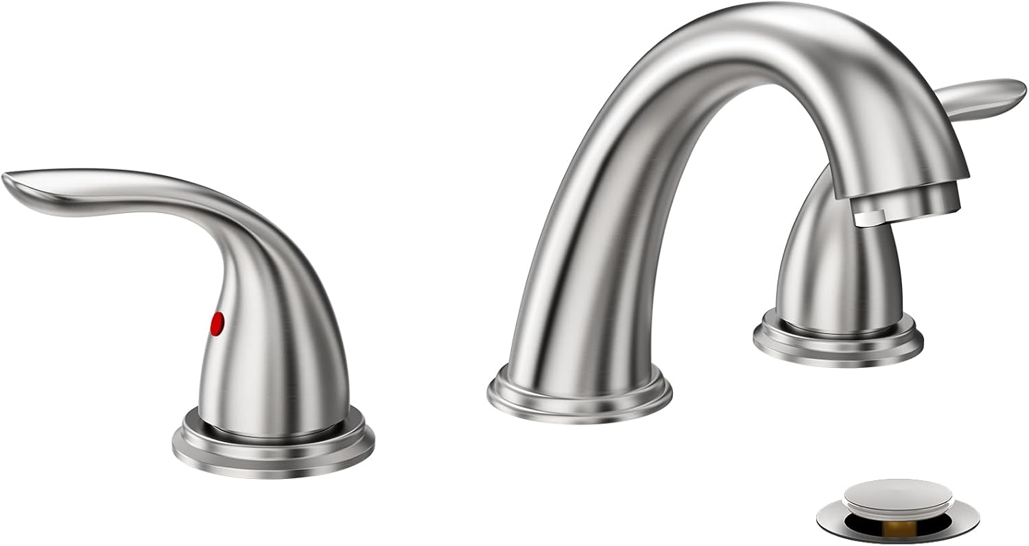 Phiestina 8 Inch 2 Handles 3 Holes Deck Mount Brushed Nickel Widespread Bathroom Faucet, with Stainless Steel Pop Up Drain, WF008-5-BN