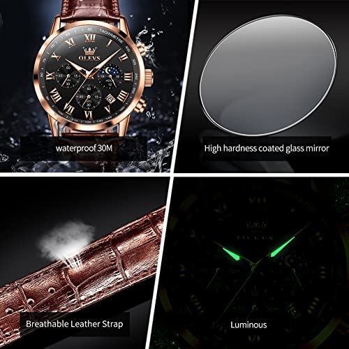 Image of OLEVS Men's Leather Analog Quartz Watch - Luxury Chronograph Wristwatch with Date, Waterproof, Luminous - Dress Style