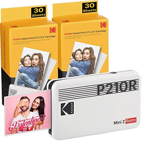 KODAK P210R Mini 2 Retro, Instant Photo Printer Bundle, 68 Photos Included, Wireless Bluetooth, Compatible With iOS & Android, 4PASS Printing Technology, White