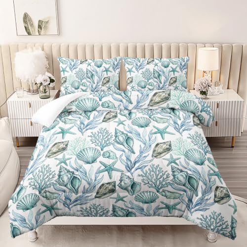 Image of AILONEN Teal Seashell Queen Comforter Set, Coastal Coral Starfish Home Ensemble, 3 Piece Microfiber Down Alternative Fill for Couples Family Guests