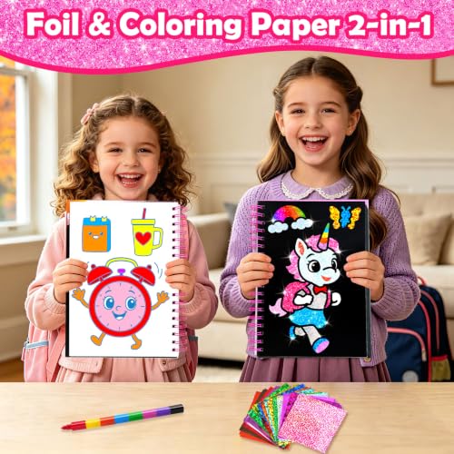 Image of FUNNYB&G Foil Art Craft Kit for Girls 4-10 Years Old: Mess-Free & No-Glue, Create 16 Back to School Pictures - Perfect Travel Toy & Birthday Gift for Kids (Back to School)