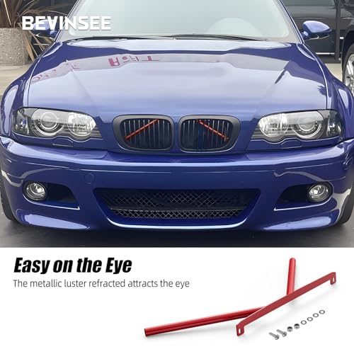 Image of Bevinsee Front Grille V Cover Braces Kidney Struts Rods Tuning Bar, Compatible with E46 323i 325i 328i 330i 1999-2006, Steel Red