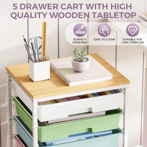 Image of SYKIARIOL 5-Tier Rolling Utility Storage Drawer Craft Cart on Wheels with Wooden Tabletop, Mobile Craft Storage Drawer Cart Trolley for Home Office, Classroom, Craft Room & Kid Room, Ice Cream