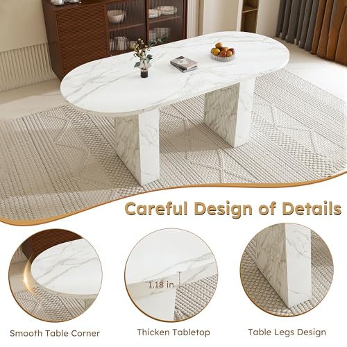 Image of 63 Inch Oval Dining Table for 6 to 4 People, White Oval Faux Marble Kitchen Table with Wood Strip Pedestal Base, Modern Dining Room Table for Kitchen Dinning Room Living Room Apartment Small Space