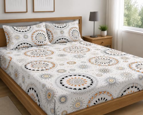 Image of Premium Cotton Fitted Bedsheet King Size 78 x 72 x 8 Inches with 2 Pillow Covers | 220 TC | All-Around Elastic Deep Pocket Bed Cover | White Mustard Black Mandala