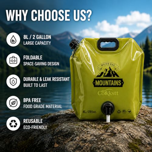Contenedor de Agua Plegable - Cantimplora de 8L/2 Galones para Camping, Bolsa de Almacenamiento de Agua Plegable a Prueba de Fugas, Contenedor Portátil con Pico, Tanque de Emergencia para Senderismo (Paquete de 4, Verde) miniatura 6