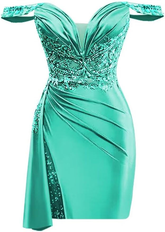 Off Shoulder Satin Homecoming Dresses for Teens 2025 Beaded Short Prom Dresses Pleated Cocktail Party Dress with Slit Tail