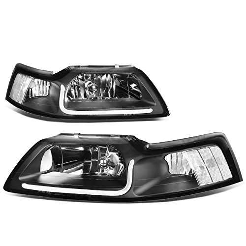 LED Light Bar DRL Strip Headlights Assembly Headlamp Kit Compatible with Ford Mustang 1999-2004, Pair, Black Housing, Clear Lens