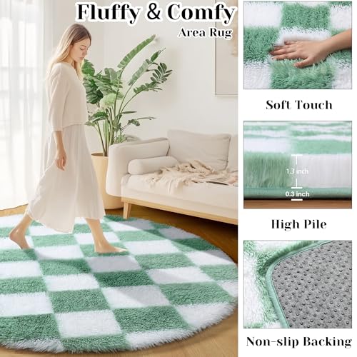 Image of KICMOR Round Rug 4ft for Bedroom, Fluffy Soft Circle Area Rug Cute Small Living Room Carpet, Sage Green and White Fuzzy Shag Shaggy Checkered Circular Rugs for Kids Room Nursery Home Decor Aesthetic