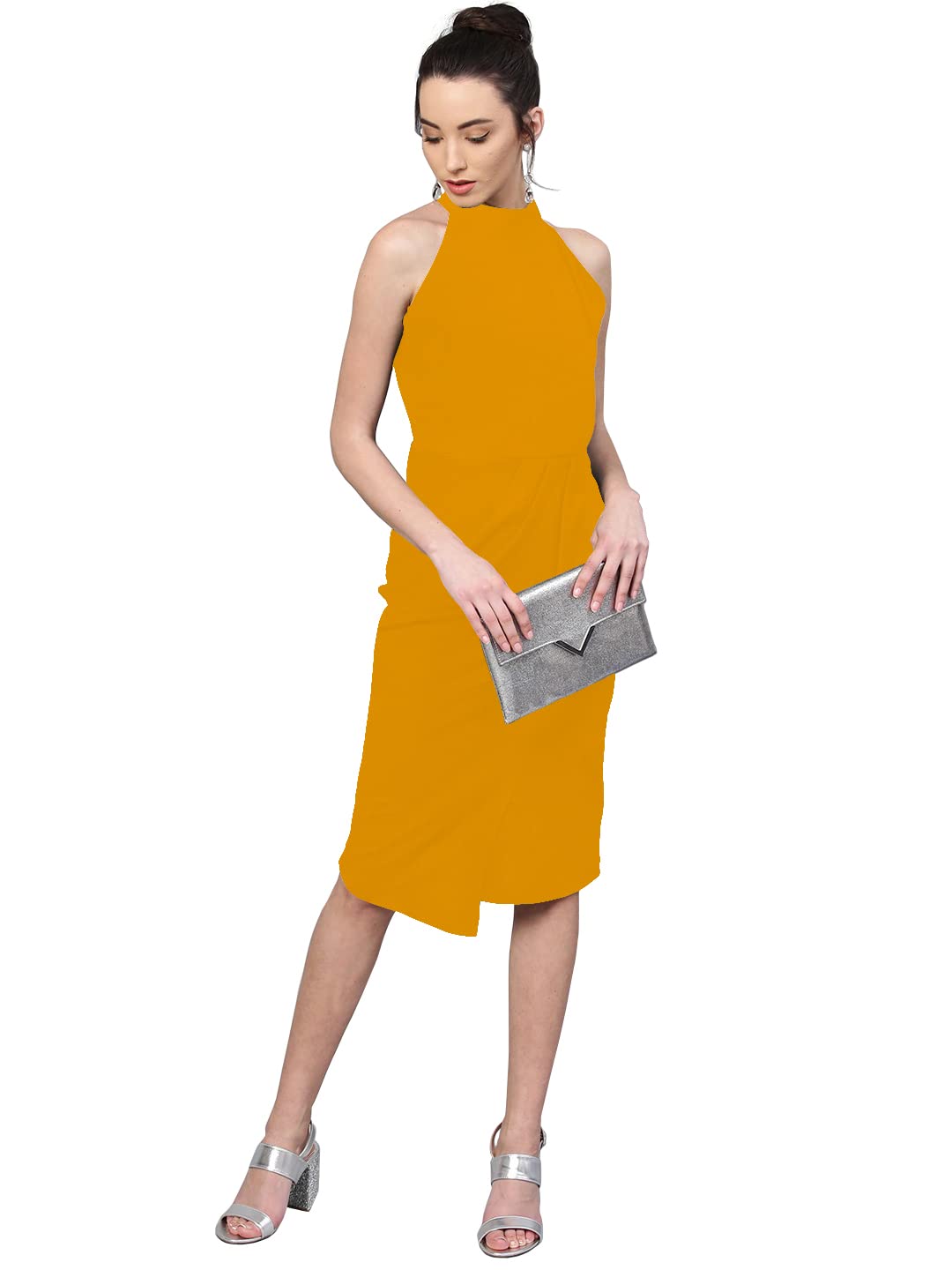Shasmi Polyester Blend Bodycon Knee-Length Women's Elegant Halter Neck Pleated Flounce Sleeveless Midi Dress (Dresses For Tops_Mustard Yellow_L)