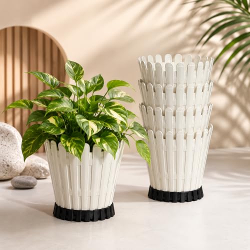 Image of TechHark Decorative Round Planter Pot with Picket Design, White with Black Base, 15 cm, Pack of 5