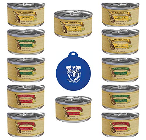 Hound & Gatos Grain Free Canned Cat Food Pate 3 Flavor Variety Bundle: (4) 98% Salmon Recipe, (4) 98% Lamb Recipe, and (4) 98% Chicken Recipe (12 Cans Total, 5.5 Ounces Each) Plus Silicone Lid