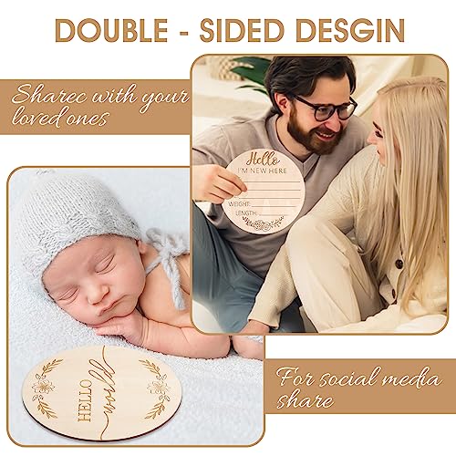 Ouligay Meilensteinkarten Baby Holz Schild, Hallo Welt Baby Holzschild Hello World Schild Neugeborene Announcement Sign Willkommensschild Rund für Schwangere Werdende Mütter Eltern