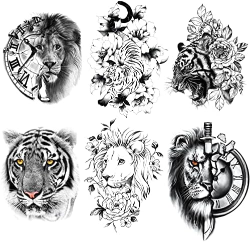 PADOUN Lion Tiger Animal Temporary Tattoos for Men, 6-Sheet Half Sleeve Temporary Tattoo for Women Realistic Fake Tattoos, Long Lasting Tattoos Waterproof