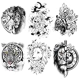 PADOUN Lion Tiger Animal Temporary Tattoos for Men, 6-Sheet Half Sleeve Temporary Tattoo for Women R