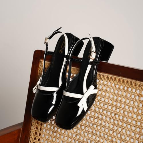 Image of JM LOOKS Women's Glossy Buckle Strap Mary Jane Block Heel with Bow Detail