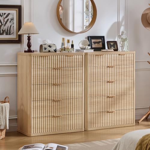 Image of LEYAOYAO Fluted 6 Drawers Dresser for Bedroom Set of 2, 42 inch Tall Modern Chest of Drawers with Metal Handle, Curved Profile Design,Wood Drawer Organizer for Bedroom,Living Room,Hallway,Natural
