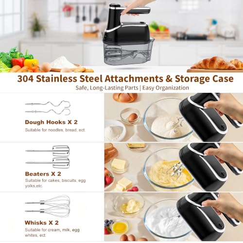 Image of binROC Cordless Electric Hand Mixer, 12-Speed Rechargeable Handheld Mixer with Eject Button, 6 Stainless Steel Attachments, Snap-On Storage Case, LED, Self-Stand for Baking, Cake, Dough, Egg (Black)