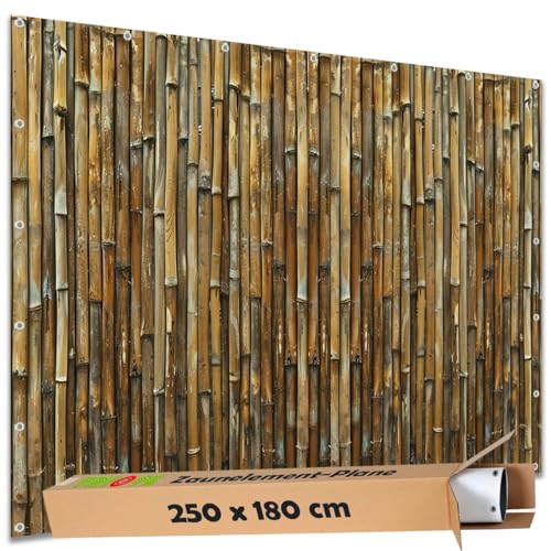 TRIOSK Sichtschutz Garten Deko Zaun Plane Blickdicht groß mit Zaunblende Motiv Bambus Stäbe Optik für Zaunelement Doppelstabmatten Stabmattenzaun Gartenzaun PVC 250x180 cm Braun