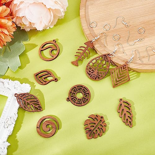 SUNNYCLUE 1 Box 74Pcs DIY 10 works Wood Leaf Charms Bohemian Wooden Charm Earrings Making Starter Kit Double Sided Hollow Leaves Charms Summer Ocean Wave Boho Charm for Jewellery Making Kits Women - Image 4