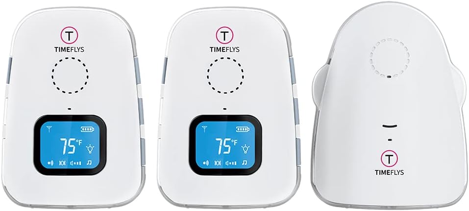 TimeFlys - Baby Audio Monitor, Double Crown, Temperature Control, Vibration, Lullabies, Rechargeable Battery, Two-Way Talk, USB Connection, Zero Emissions Mode at Night, Long Range Up to 1000 Feet