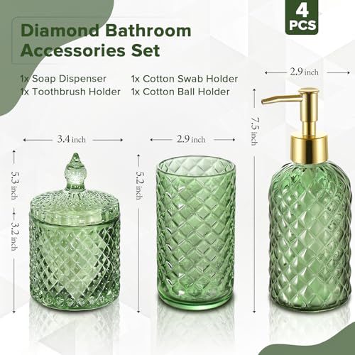 RYTOXILO Bathroom Accessories Set, 4 Pack Green Bathroom Decor Accessory Sets Complete, Diamond Glass Soap Dispenser and Toothbrush Holder Set for Bath Counter Organizer Essentials - Image 3