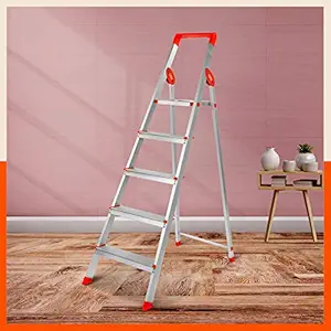 Bathla Prime 5 - Step Aluminium Ladder for Home with Multi Utility Support Handle - Orange