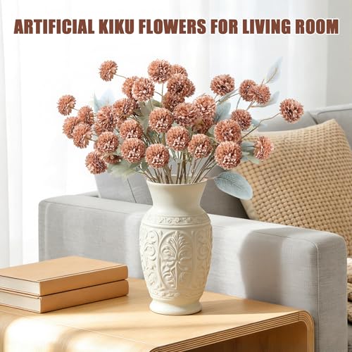 WhaSil Artificial Kiku Flowers, 10pcs Fake Silk Pompon Mums 2pcs Eucalyptus, Faux Fall Chrysanthemum Dining Table Centerpiece Floral Arrangements Decorative Dried Flowers for Home Decor, Coffee — view 2