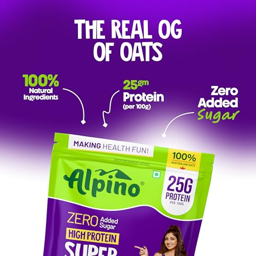 Image of ALPINO 25% High Protein Super Oats Chocolate 2kg (1kg, Pack of 2) - Rolled Oats, Natural Peanut Butter, Cocoa Powder, Nuts & Seeds - 25g Protein, Source of Dietary Fibre & Healthy Fats, No Added Sugar & Salt