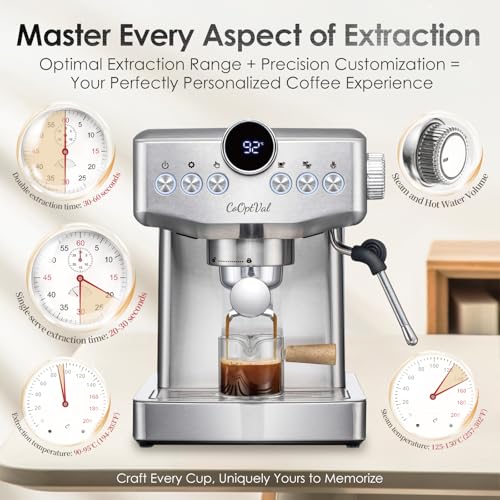 20 Bar Espresso Machine–Fully Customizable Brewing Temp Time Volume Steam–Monitor Gauge Milk Frother Stainless Steel–8oz Espresso Cup–Latte Machine Cappuccino Machine