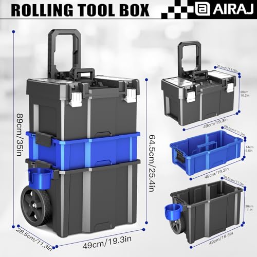 Image of Rolling Tool Box With Wheels | 3 Tier Portable Stackable Tool Box Set | Garage Storage Tool Organizer | Tray Toolbox | with Removable Cup Holder | 20 inch Wx12 inch Dx35 inch H