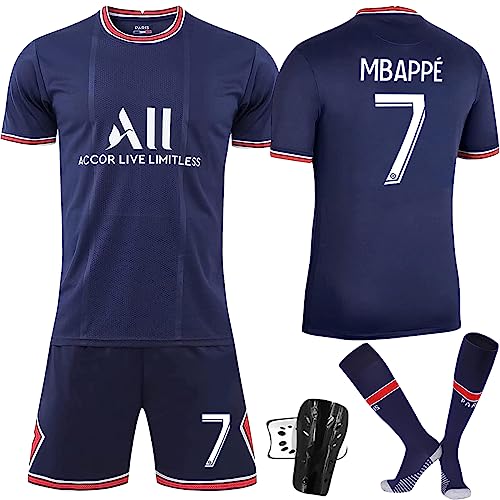 Paris Trikot Kinder Set 2021/22, Fußballtrikot Nr.7, Sporttraining T-Shirts und Shorts Mit Socken und Schutzausrüstung (Nr 7, 28)